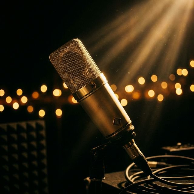 Micrófono profesional de estudio en luz dorada